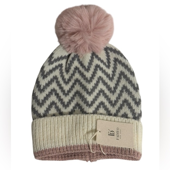 Soft Warm Style Pink Knitted Chevron Print Beanie With Faux Fur Pom Pom - Picture 1 of 4